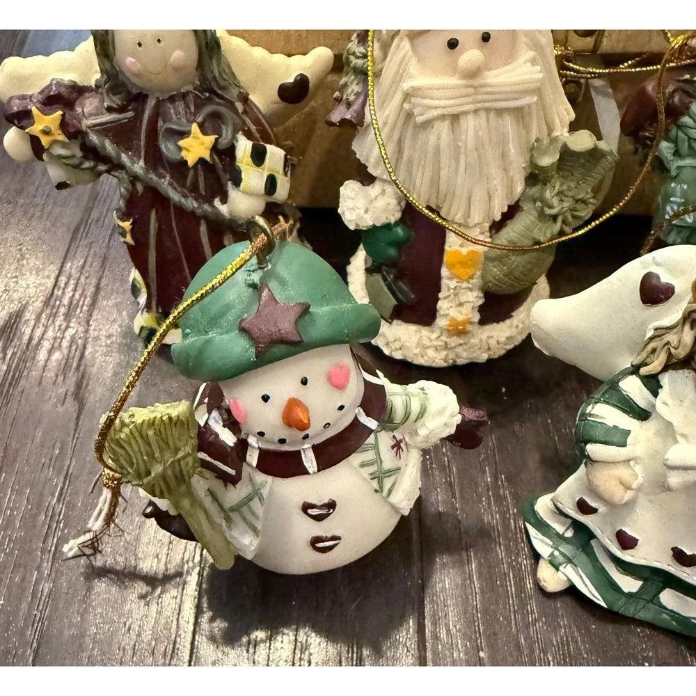 Holiday Treasures Ornament Set Snowman Angel Rustic Resin 5pc With Box Folk Art